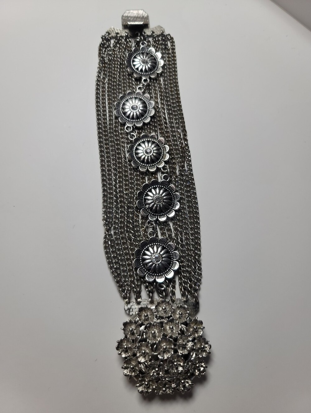 Vintage Artisan One-of-a-Kind MultiChain Floral With Crystal Silvertone Bracelet